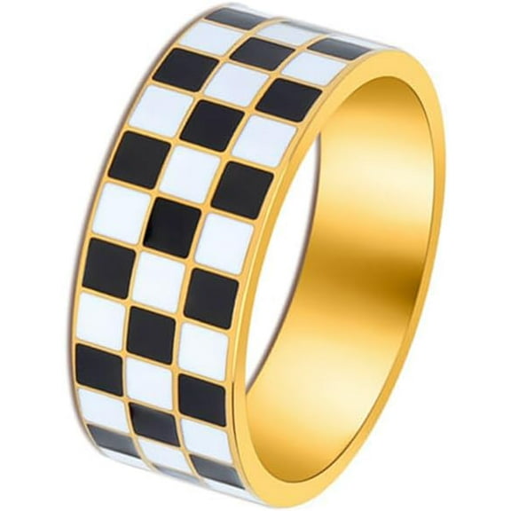 Checkerboard Bands Ring 14k Gold Plated Rings Stainless Steel Polished Black White Knuckle Statement Finger Couple Ring Comfort Fit Christmas Birthday Dainty Jewelry Gift for Women Men