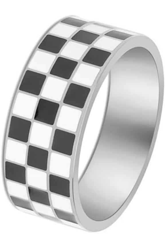 Checkerboard Bands Ring 14k Gold Plated Rings Stainless Steel Polished Black White Knuckle Statement Finger Couple Ring Comfort Fit Christmas Birthday Dainty Jewelry Gift for Women Men