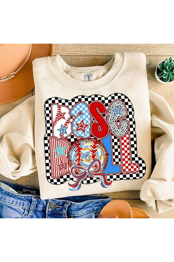 Checkerboard Baseball Mom Sweater, Bow Game Day Baseball Checkered Sweatshirt
