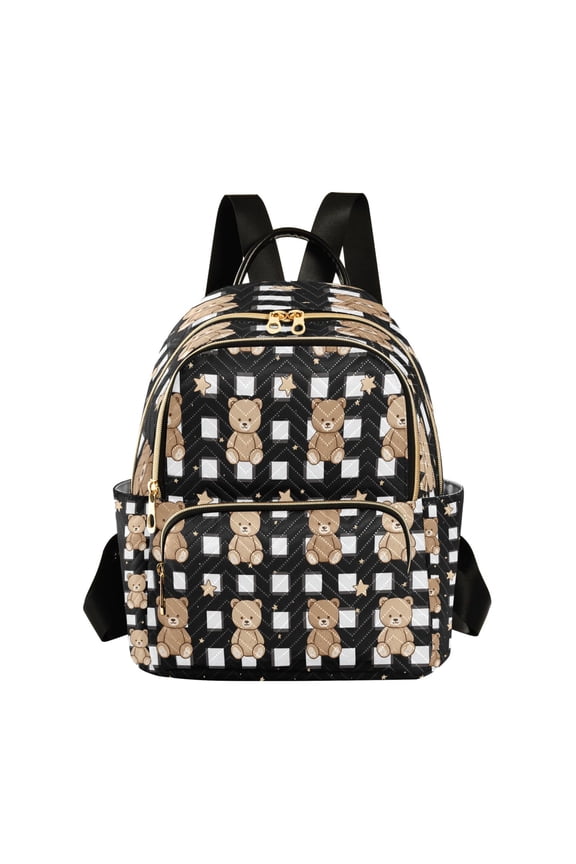 Checkerboard Bear Stars Cute Quilted Backpack Fashion Daypack Commuter Bag for Women 8.5 L