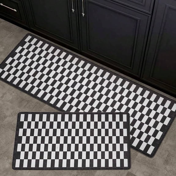 Checkerboard - Black Anti-Fatigue Kitchen Mat Set - 2 Piece, Non-Slip, Waterproof