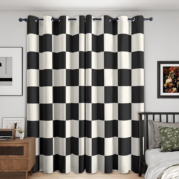 Checkerboard Blackout Curtains for Bedroom Decor, Checkerboard Flag Racing Line Patterned Grommet Window Drapes, Black and White Checkerboard Living Room Decor 42"W x 63"L (Pack of 2)