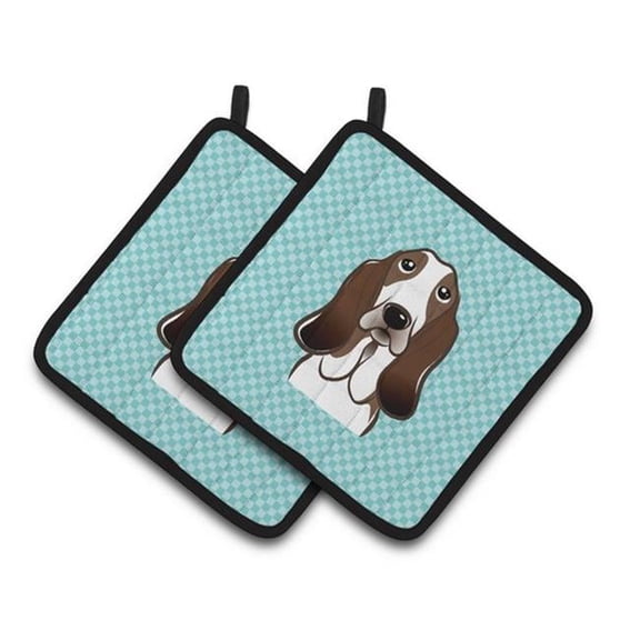 Checkerboard Blue Basset Hound Pair of Pot Holders