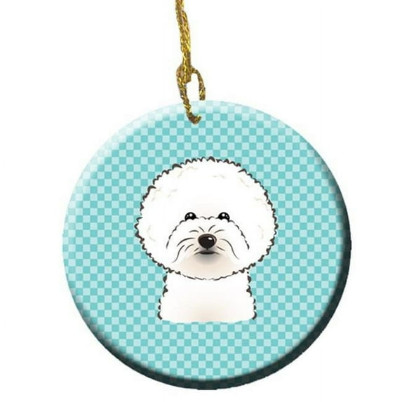Checkerboard Blue Bichon Frise Ceramic Ornament, 2.81 In.