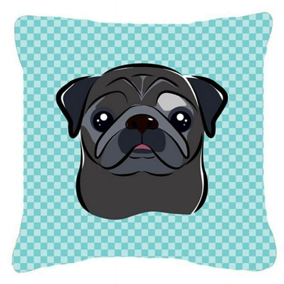 Checkerboard Blue Black Pug Fabric Decorative Pillow- - 14 x 14 In.