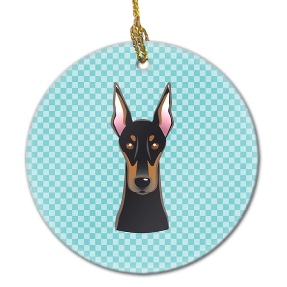 Checkerboard Blue Doberman Ceramic Ornament