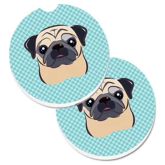 Checkerboard Blue Fawn Pug Set of 2 Cup Holder Car Coaster