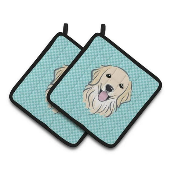 Checkerboard Blue Golden Retriever Pair of Pot Holders, 7.5 x 3 x 7.5 in.