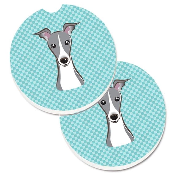 Checkerboard Blue Italian Greyhound Set of 2 Cup Holder Car Coaster