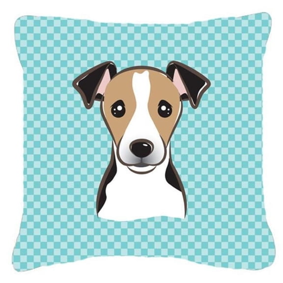 Checkerboard Blue Jack Russell Terrier Fabric Decorative Pillow 14 x 14 In.