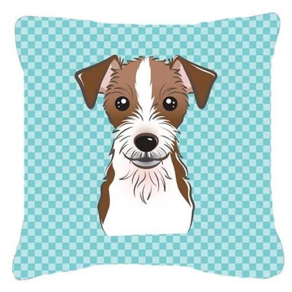 Checkerboard Blue Jack Russell Terrier Fabric Decorative Pillow- - 14 x 14 In.