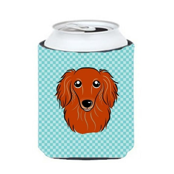 Checkerboard Blue Longhair Red Dachshund Can Or Bottle Hugger, 12 Oz.
