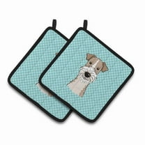 Checkerboard Blue Wire Haired Fox Terrier Pair of Pot Holders