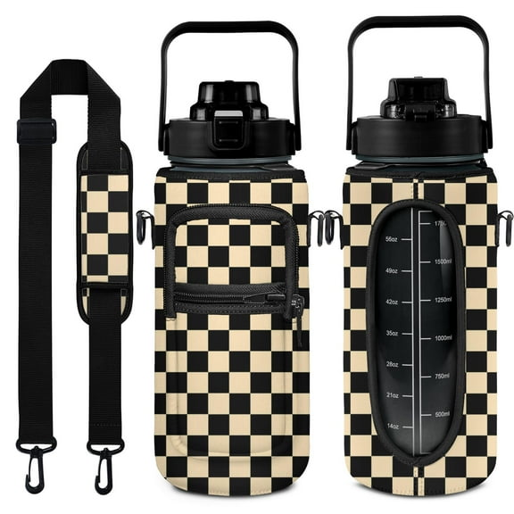 Checkerboard Brown 64 Oz Half Gallon Water Bottle with Sleeve - BPA Free Leakproof Sport Large Plastic Water Bottle with Straw Strap & Insulated Neoprene Holder Carrier Bag Great Gift for Women Men