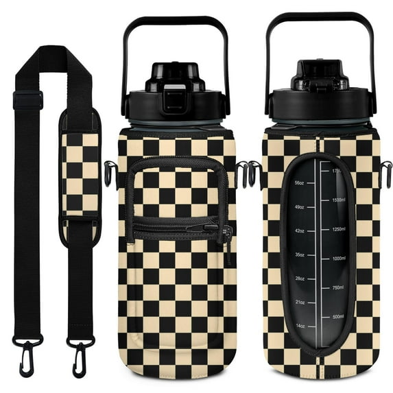 Checkerboard Brown 64 Oz Half Gallon Water Bottle with Sleeve - BPA Free Leakproof Sport Large Plastic Water Bottle with Straw Strap & Insulated Neoprene Holder Carrier Bag Great Gift for Women Men