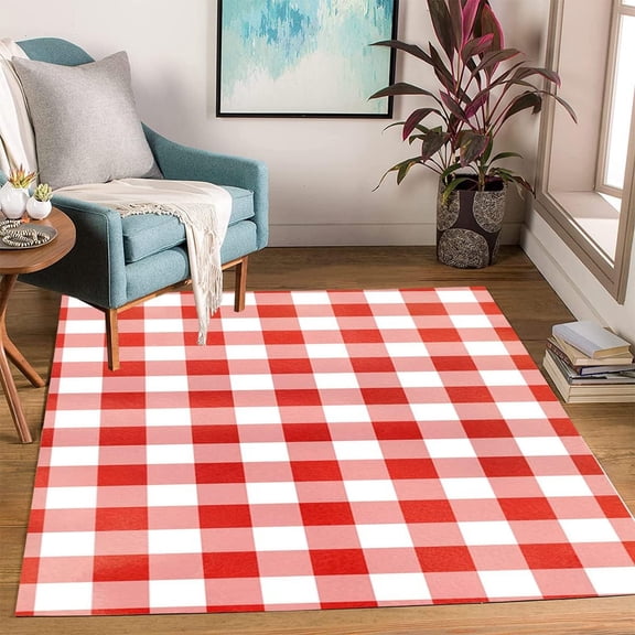 Checkerboard Buffalo Plaid Red Area Rug, Countryside Design Carpet, Washable Non Slip Soft Pile, Living Room Bedroom Office Kitchen Entrance Mat 5x6ft