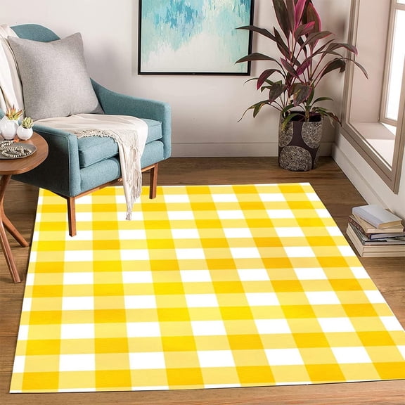 Checkerboard Buffalo Plaid Yellow Area Rug, Countryside Design Carpet, Washable Non Slip Soft Pile, Living Room Bedroom Office Kitchen Entrance Mat 2x3ft
