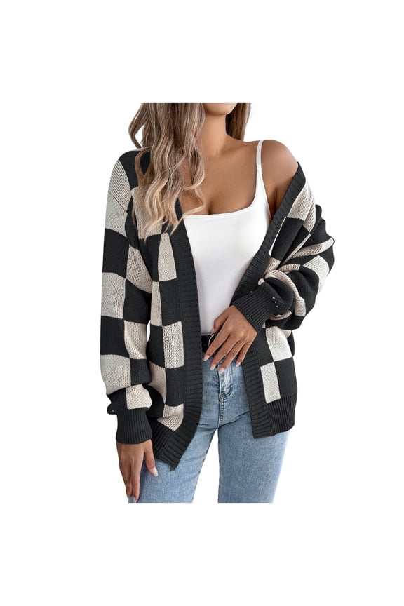 Checkerboard Cardigan Sweaters for Women Lightweight Plaid Long Sleeve Open Front Knit Cardigan Trendy Outwear