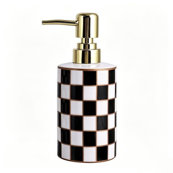 Checkerboard Ceramic Soap Dispenser with Golden Pump for Bathroom and Kitchen