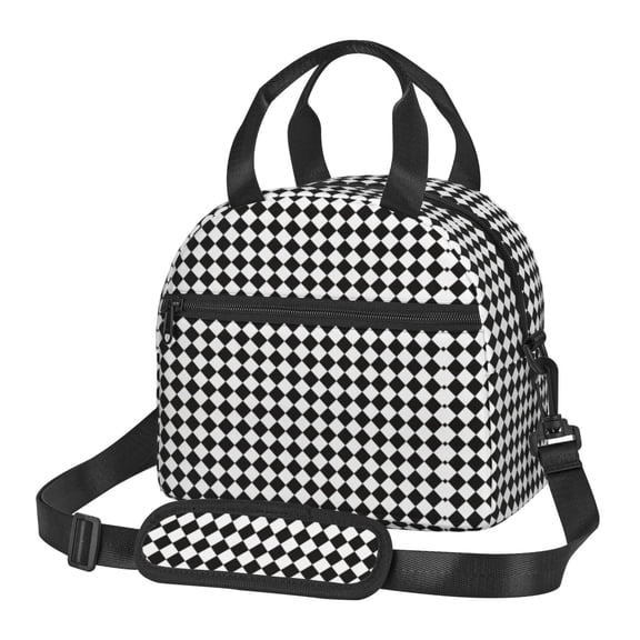 Checkerboard Chess Insulated Reusable Lunch Bag with Detachable Adjustable Strap for Office Picnic Beach or Travel