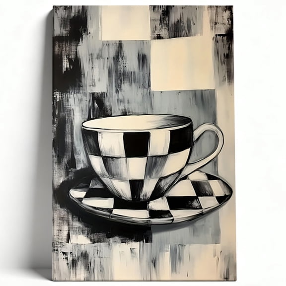 Checkerboard Coffee Cup Canvas Wall Art Modern Abstract Black and White Tea Cup Painting Eclectic Kitchen Dining Room Decor Print Ready to Hang 8*12