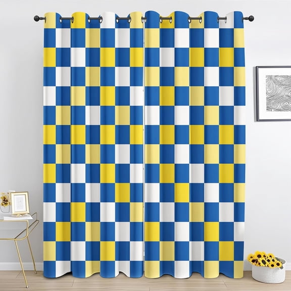 Checkerboard Curtains 2 Panels Set, Blue Yellow Checkered Blackout Curtains for Bedroom Living Room, Grid Pattern Drapes Grommet Thermal Insulated Window Decor-42"W x 45"L (Pack of 2)