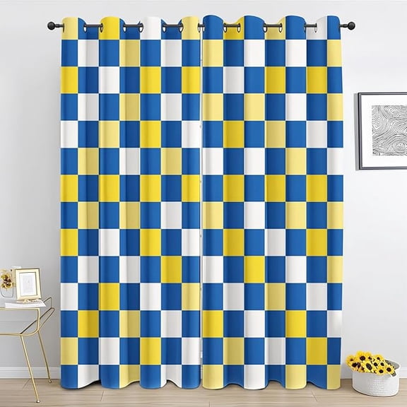 Checkerboard Curtains, Blue Yellow Checkered Blackout Curtains for Bedroom Living Room, Grid Pattern Drapes Grommet Thermal Insulated Window Decor 26"W x 45"L (Pack of 2)