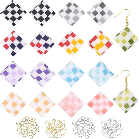 Checkerboard Dangle Earrings DIY Making Kit Including Rhombus Acrylic Pendants Iron Earring Hooks Jump Rings Mixed Color
