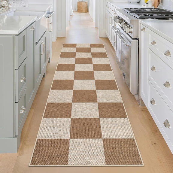 Checkerboard Easy Jute Hallway Runner Rug 2x6 Non-Slip Modern Geometric Bedside Rug Low Pile Floor Cover Indoor Outdoor Accent Runners for Entryway Laundry Bedroom Kitchen Checkerboard Natural