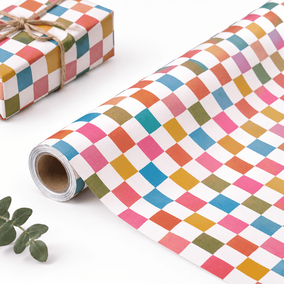 Checkerboard Gift Wrapping Paper Roll, 17 In x 33 Ft, Colorful Hand-Painted Design