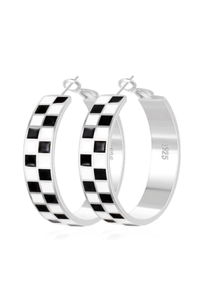 Silver Hoop Earrings for Women, Hypoallergenic 925 Sterling Silver Chunky Enamel Checkered Earring, 40mm