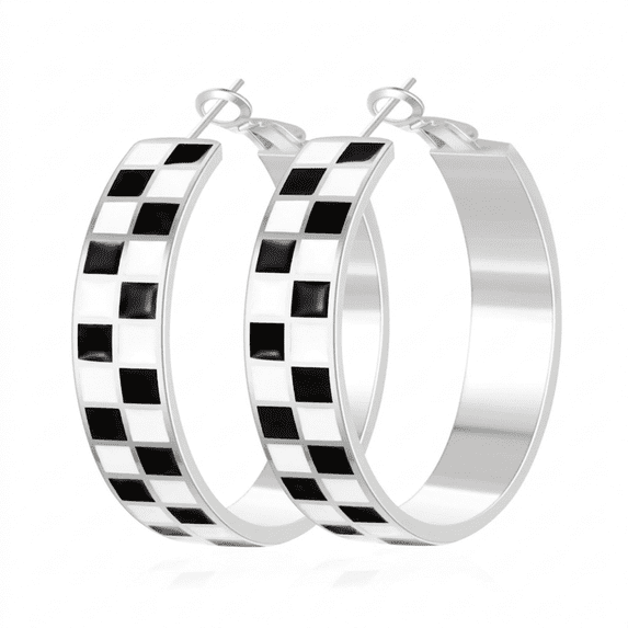 YEUOYEA Silver Plated Checkered Hoop Earrings for Women, Black White Enamel Wide Hoops, 40mm