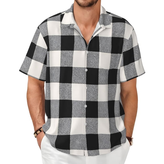 Checkerboard Grid Men's Shirts Short-Sleeved with All-Over Prints Button-Up Shirts