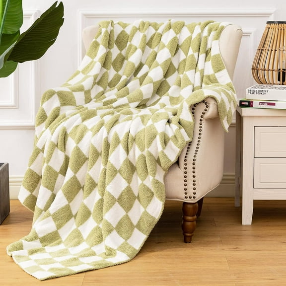 Checkerboard Grid Throw Blanket Super Soft Lightweight Warm Fluffy Sofa Chenille Blanket for Bed Couch Inches(Sage Green) Sage Green&white
