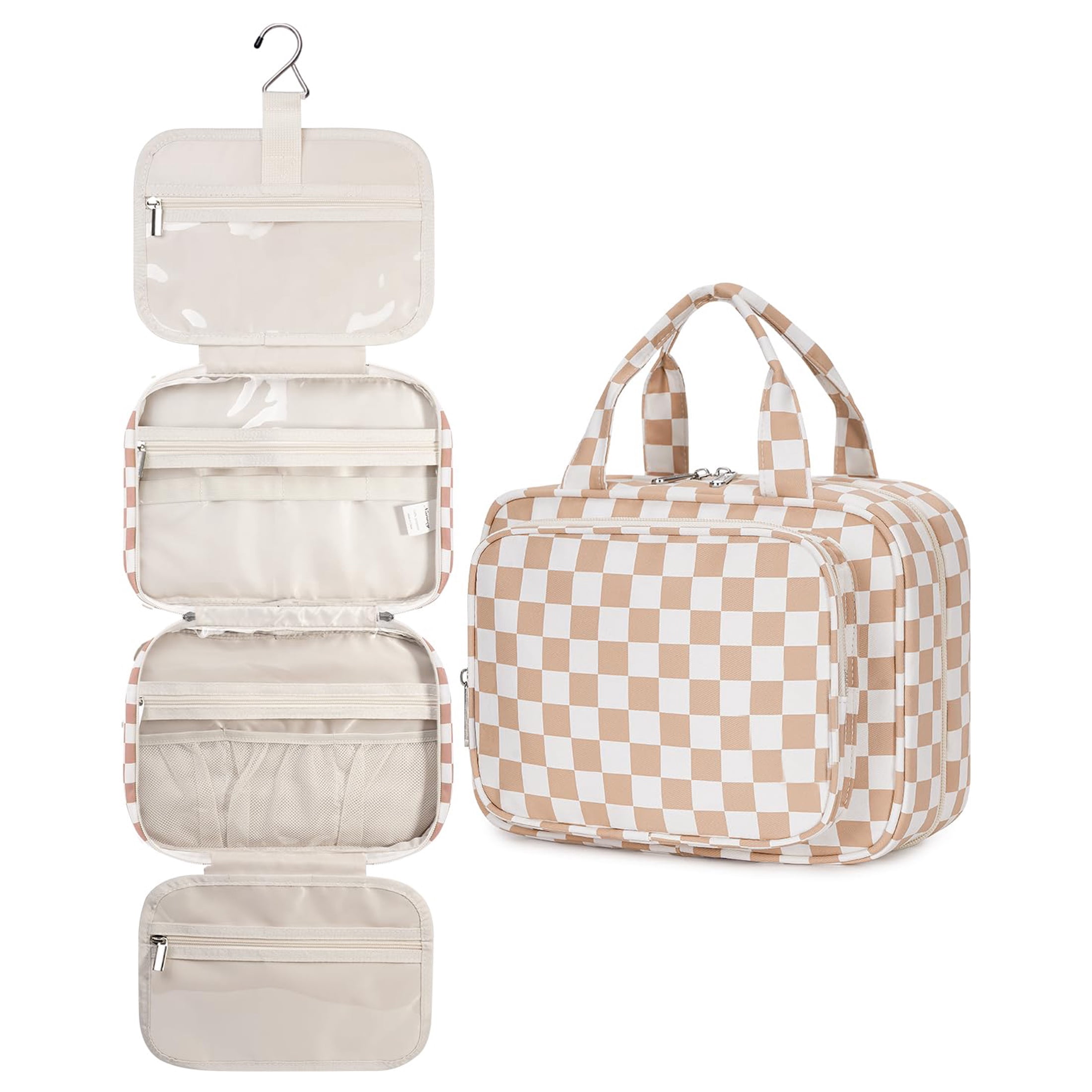 Checkerboard Hanging Travel Toiletry Bag with Hook, Makeup Bags for Women Cosmetic Organizer Toiletries for Brush Shampoo Travel Essentials, Brown