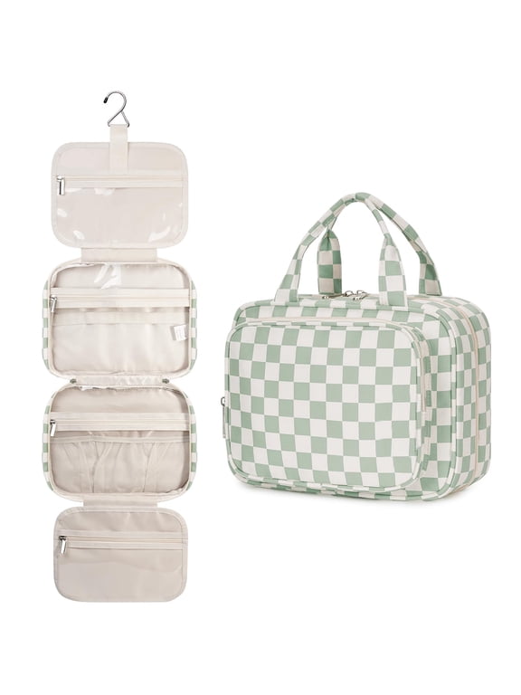 Checkerboard Hanging Travel Toiletry Bag with Hook, Makeup Bags for Women Cosmetic Organizer Toiletries for Brush Shampoo Travel Essentials, Green