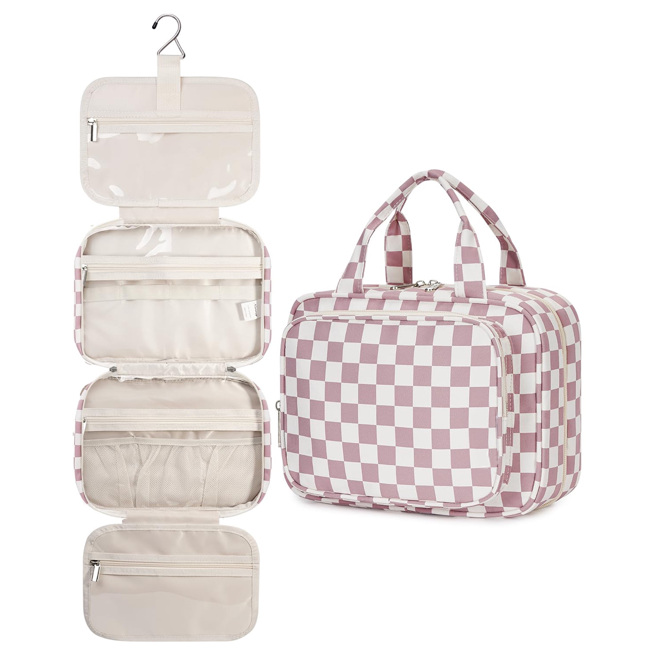 Checkerboard Hanging Travel Toiletry Bag with Hook, Makeup Bags for Women Cosmetic Organizer Toiletries for Brush Shampoo Travel Essentials, Pink