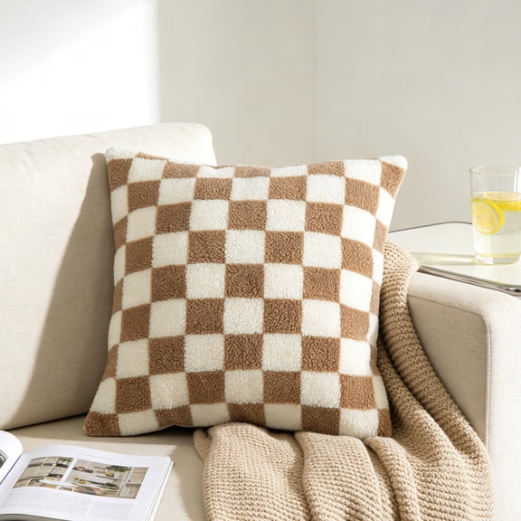 Checkerboard Lamb Wool Pillow Cover 45x45cm, Staron Premium Polyester Cushion Case with Invisible Zipper, Decorative Sofa Bed Pillowcase in Gray Coffee Green Khaki