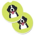 thumbnail image 1 of Checkerboard Lime Green Bernese Mountain Dog Set of 2 Cup Holder Car Coaster, 1 of 1