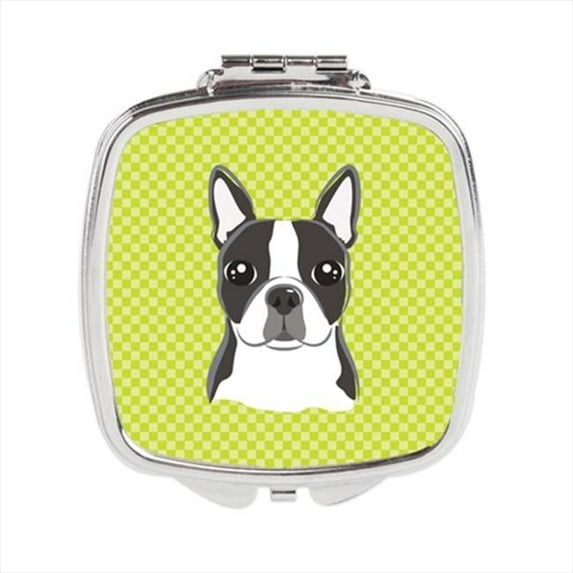 Checkerboard Lime Green Boston Terrier Compact Mirror, 2.75 x 3 x .3 In.