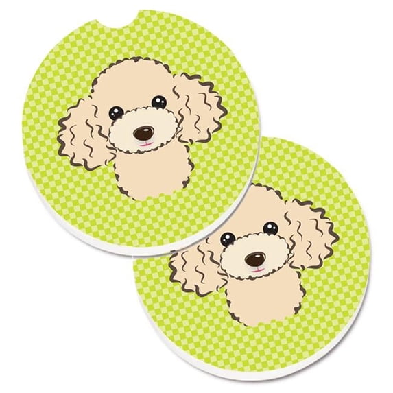 Checkerboard Lime Green Buff Poodle Set of 2 Cup Holder Car Coaster