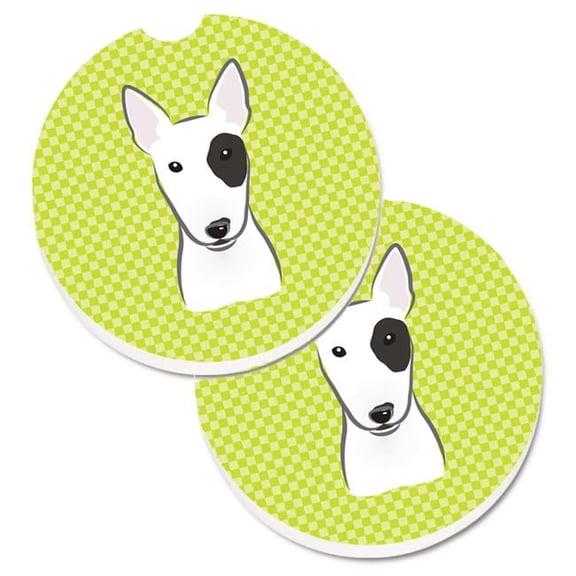 Checkerboard Lime Green Bull Terrier Set of 2 Cup Holder Car Coaster