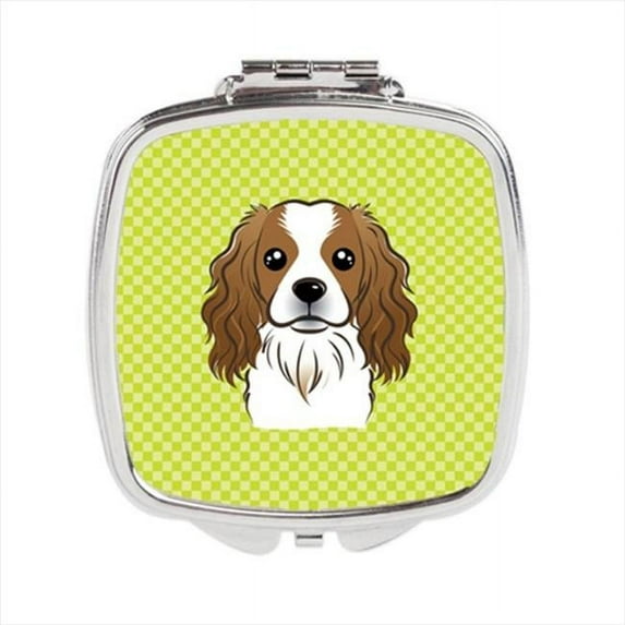 Checkerboard Lime Green Cavalier Spaniel Compact Mirror, 2.75 x 3 x .3 In.