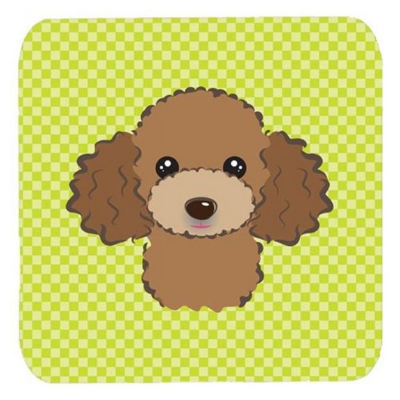 Checkerboard Lime Green Chocolate Brown Poodle Foam Coasters - Set Of 4