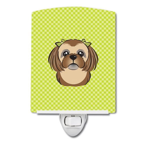 Checkerboard Lime Green Chocolate Brown Shih Tzu Ceramic Night Light