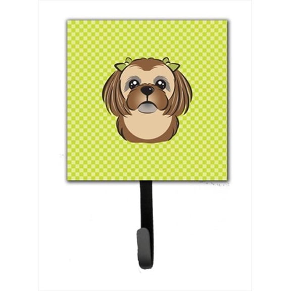Checkerboard Lime Green Chocolate Brown Shih Tzu Leash Or Key Holder, 4.25 W x 7 H In.