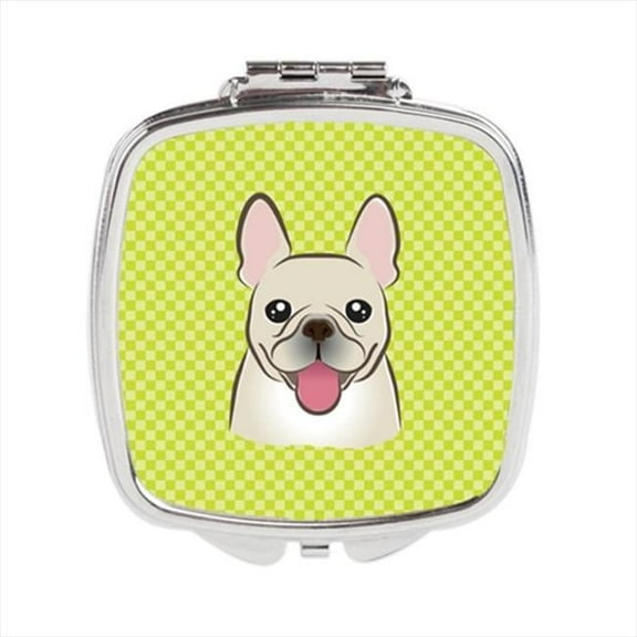 Checkerboard Lime Green French Bulldog Compact Mirror- - 2.75 x 3 x .3 In.
