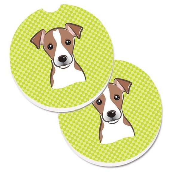 Checkerboard Lime Green Jack Russell Terrier Set of 2 Cup Holder Car Coaster