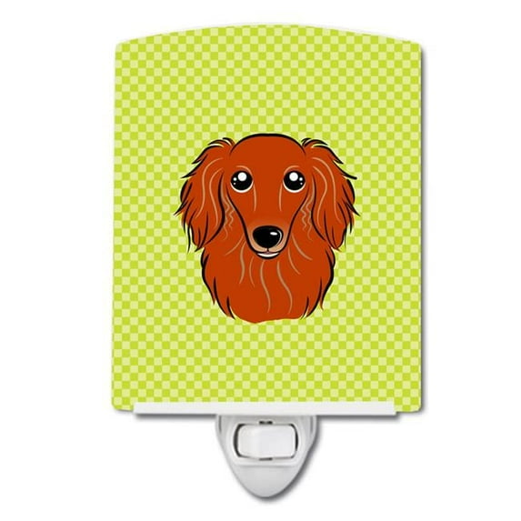 Checkerboard Lime Green Longhair Red Dachshund Ceramic Night Light