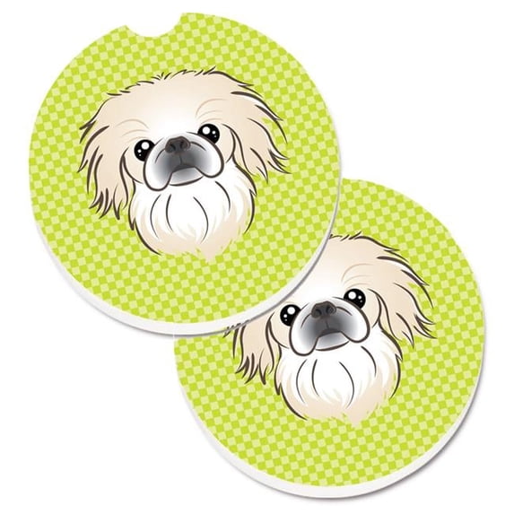 Checkerboard Lime Green Pekingese Set of 2 Cup Holder Car Coaster